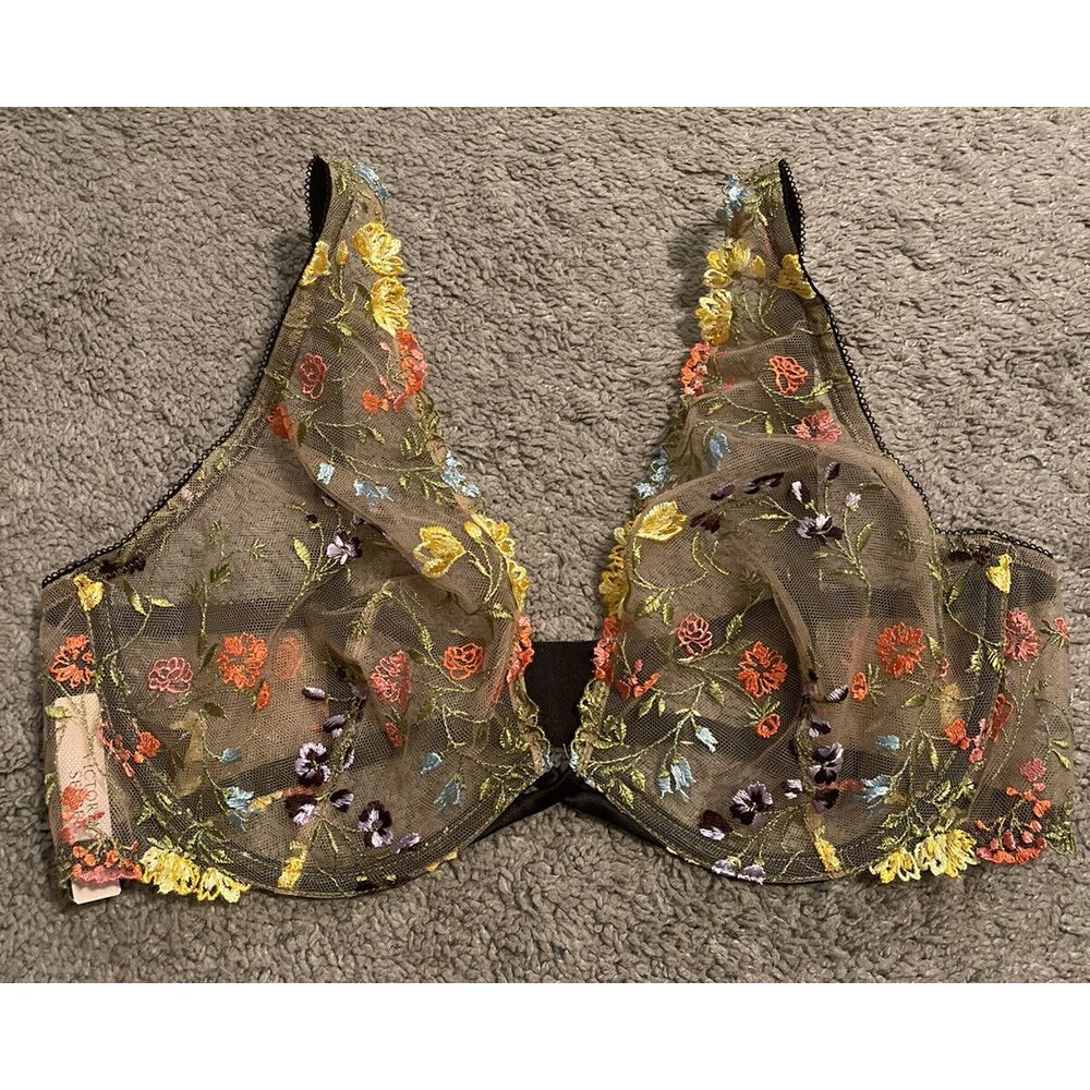 Victorias Secret DREAM ANGELS Unlined Plunge Bra Embroidered Mesh‎ 38B Floral